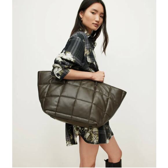 ALLSAINTS Nadaline Leather Quilted Tote Bag in Olive - Picture 2 of 8